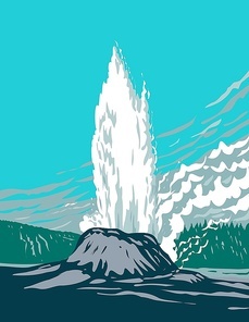 WPA poster art of Castle Geyser, a cone geyser located in the Upper Geyser Basin in Yellowstone National Park, Teton County, Wyoming USA done in works project administration style.