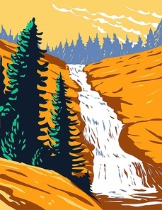 WPA poster art of Chilnualna Falls on Chilnualna Creek in Sierra Nevada within Yosemite National Park, California United States done in works project administration style or federal art project style.