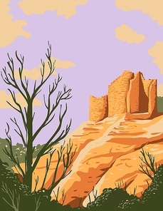 WPA poster art of Cutthroat Castle ruins in Hovenweep National Monument located in Cortez, Colorado and Blanding, Utah on Cajon Mesa of Great Sage Plain USA done in works project administration style.