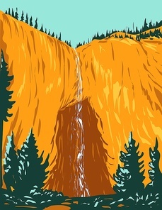 WPA poster art of Fairy Falls, one of Yellowstone's tallest waterfalls within Yellowstone National Park Teton County Wyoming USA done in works project administration style federal art project style.
