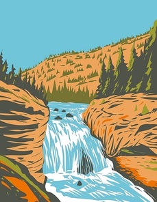 WPA poster art of Firehole Falls on the Firehole River located in southwestern Yellowstone National Park, Wyoming United States done in works project administration style or federal art project style.