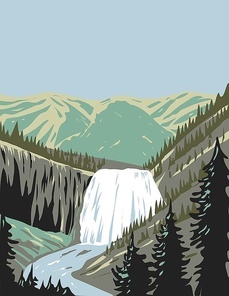 WPA poster art of Gibbon Falls, a waterfall on the Gibbon River in northwestern Yellowstone National Park, Wyoming USA done in works project administration style or federal art project style.