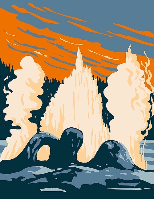 WPA poster art of Grotto Geyser, a fountain-type geyser located in the Upper Geyser Basin in Yellowstone National Park, Teton County, Wyoming USA done in works project administration style.