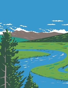 WPA poster art of Hayden Valley a sub-alpine valley straddling the Yellowstone River in Yellowstone National Park, Wyoming USA done in works project administration style or federal art project style.