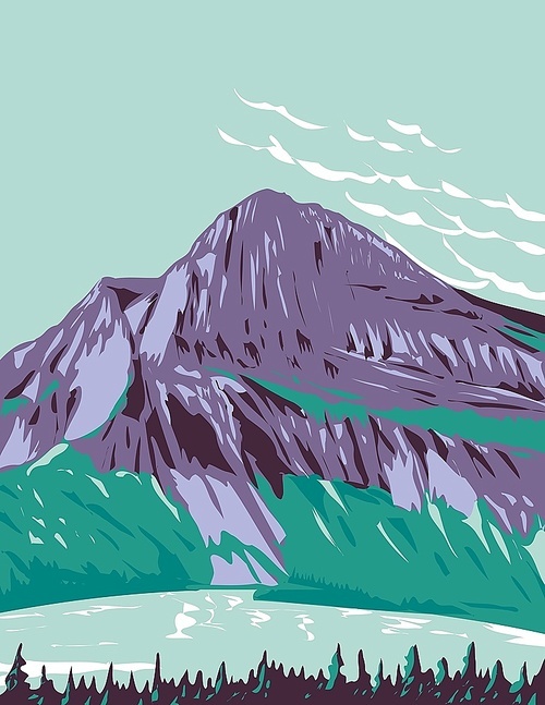 WPA poster art of Hidden Lake with Bearhat Mountain in background located in Glacier National Park, Montana USA done in works project administration style or federal art project style.