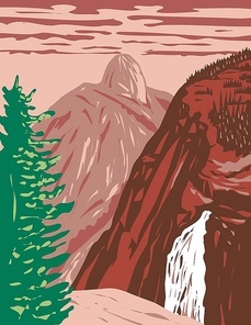 WPA poster art of Illilouette Falls with Half Dome on the Illilouette Creek tributary of the Merced River within Yosemite National Park, California USA done in works project administration style.