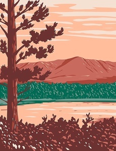 WPA poster art of Mount Katahdin, Maine North Woods and river flowing in Katahdin Woods and Waters National Monument  within Penobscot County, Maine USA done in works project administration style.