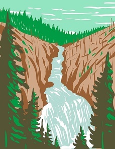 WPA poster art of Kepler Cascades, a waterfall on the Firehole River in southwestern Yellowstone National Park, Wyoming USA done in works project administration style or federal art project style.
