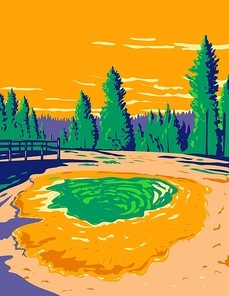 WPA poster art of Morning Glory Pool a hot spring in the Yellowstone Upper Geyser Basin located in Yellowstone National Park, Teton County, Wyoming USA done in works project administration style.