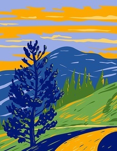 WPA poster art of Mt. Washburn Trail with the peak of Mount Washburn in the Washburn Range located in Yellowstone National Park, Wyoming USA done in works project administration style.
