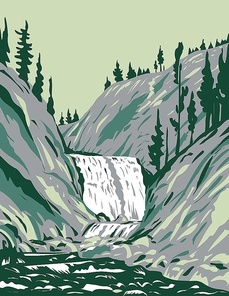 WPA poster art of Mystic Falls, a cascade type waterfall on the Little Firehole River within Yellowstone National Park, Teton County, Wyoming USA done in works project administration style.