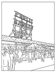 Mono line illustration of Pike Place Market, a public market in Seattle, Washington, the oldest continuously operated public farmers' markets in USA in retro black and white monoline line art style.