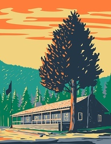 WPA poster art of Roosevelt Lodge Cabins located in the Tower-Roosevelt area in Yellowstone National Park, Wyoming USA done in works project administration style or federal art project style.