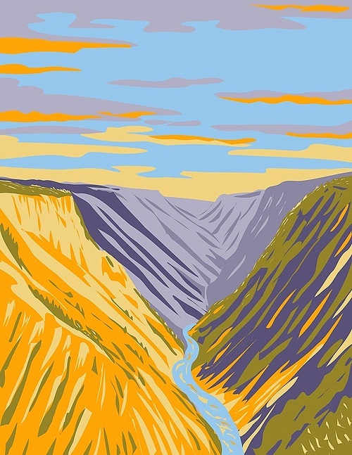 WPA poster art of Grand Canyon of Yellowstone on Yellowstone River downstream from Yellowstone Falls in Yellowstone National Park, Teton County, Wyoming USA done in works project administration style.