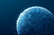 Polygon planet globe vector background of space and data technologies. 3d low poly world sphere with abstract geometric surface, blue wireframe planet of lines, dots, origami triangles and lights