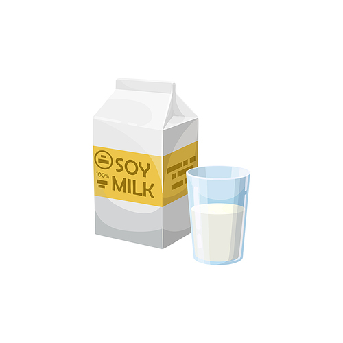 Soy milk in glass, package of healthy milky drink isolated realistic icon. Vector natural organic drink of soybeans high on proteins. Vegetarian food beverage, vitamin healthy nutrition, cartoon milk