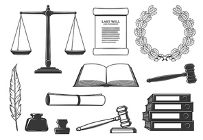 Law, court and criminal justice system symbols. Last will testament document, oak wreath and scales of justice, judge gavel, open book and quill pen, inkwell, signet stamp and binders engraved vector