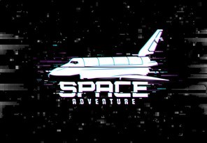 Space adventure vector poster with shuttle and glitch effect. Spaceshop in outer cosmos, galaxy research distorted pixelized background. Universe exploration vintage card with space ship and glitch