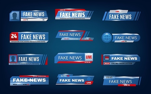 Fake news bars and TV screen lower vector banners. World news titles and headlines of live TV, broadcast video, television or streaming channels, media and television technologies