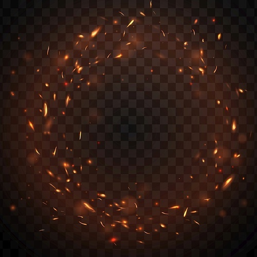 round fire sparks  with burning bonfire embers, vector glowing flame particles. realistic 3d blaze fire sparks flying in air. firestorm inferno, balefire border isolated on transparent background