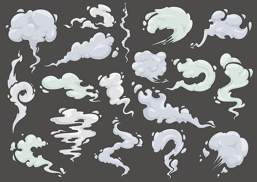 Cartoon clouds and smokes, vapor, smog and dust design effects. Vector comic explosion smoke, car toxic gas trace or fog, burst different shapes air trails with swirls, spirals and bubbles