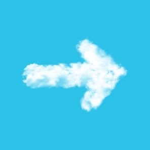 Arrow of clouds on blue sky realistic vector design. 3d white fluffy cumulus clouds and rain fog in shape of arrow pointer, direction sign or guide signboard on bright heaven background