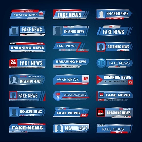 News fake and breaking, banners and live TV media vector icons or background template. Breaking fake news and hoax headers for online translation, newspaper cover and world social television broadcast