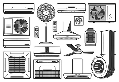 Conditioning and ventilation appliances icons, air conditioner equipment items, vector. Kitchen exhaust or cooking hood and climate split system appliances, domestic fan and cooling ventilator