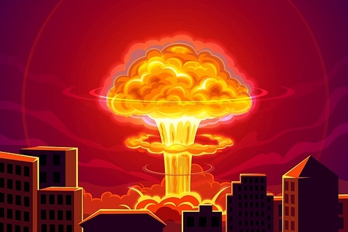 Atomic bomb explosion in city cartoon vector background. Nuclear power plant accident, mass destruction weapon at war conflict. Nuclear explosion blast and mushroom cloud, city buildings in fire