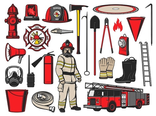 Firefighter equipment and fire fighting tools. Vector icons of fire department car, alarm, extinguisher and hydrant, hose, axe, helmet and truck, shovel, bucket and fireman badges, gloves and mask