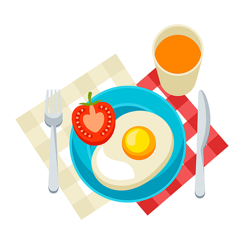 Breakfast illustration. Fried eggs, tomatoon on plate and juice. Concept for cafes, restaurants and hotels.