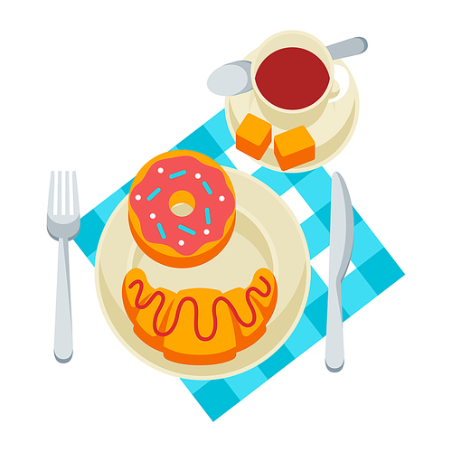 Breakfast illustration. Tasty pastry on plate and cofee. Concept for cafes, restaurants and hotels.