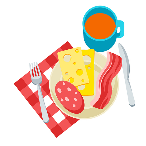Breakfast illustration. Tasty bacon, sausage and cheese on plate and tea. Concept for cafes, restaurants and hotels.