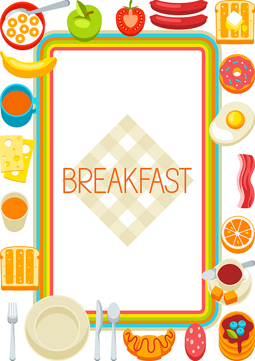 Healthy breakfast frame. Various tasty food and drinks. Illustration for cafes, restaurants and hotels.