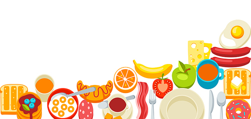 Healthy breakfast background. Various tasty food and drinks. Illustration for cafes, restaurants and hotels.