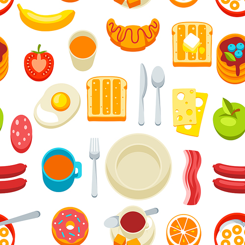 Healthy breakfast seamless pattern. Various tasty food and drinks. Illustration for cafes, restaurants and hotels.