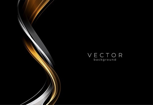 Abstract shiny gold and silver color wave design element on dark background. Golden glowing shiny spiral lines effect vector background. Fashion flow lines for cosmetic gift voucher, website and advertising.