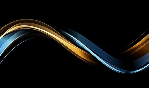 Abstract shiny gold and blue color wave design element on dark background. Golden glowing shiny spiral lines effect vector background. Fashion flow lines for voucher, website and advertising.