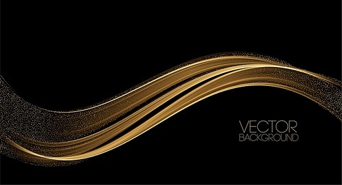 Abstract shiny color gold wave design element on dark background. Fashion flow lines for cosmetic gift voucher, website and advertising. Awarding the nomination ceremony luxury background with golden glitter sparkles. Vector design