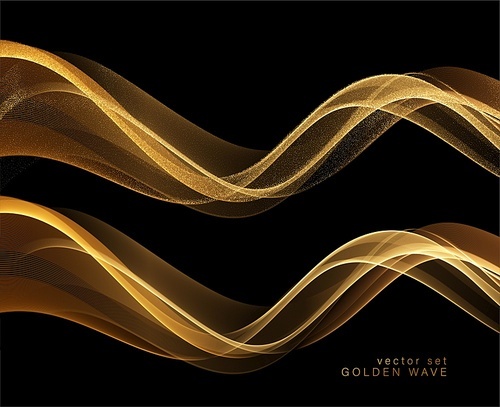 Set of Abstract shiny color gold wave design element on dark background. Fashion flow lines for voucher, website and advertising. Golden silk ribbon for cosmetic gift voucher
