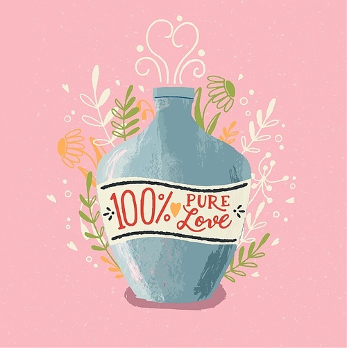 Love potion bottle with hand lettering. Colorful hand drawn illustration for Happy Valentine’s day. Greeting card with foliage and decorative elements.