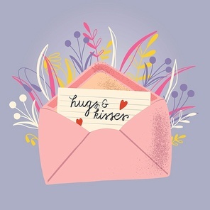 Envelope with love letter. Colorful hand drawn illustration with handlettering for Happy Valentine’s day. Greeting card with flowers and decorative elements.