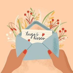 Envelope with love letter and hands. Colorful hand drawn illustration with handlettering for Happy Valentine’s day. Greeting card with flowers and decorative elements.
