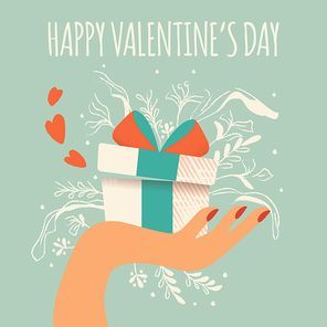 Hand holding a gift box with hearts coming out, decoration and typographic message. Colorful hand drawn illustration for Happy Valentine’s day. Greeting card with foliage and decorative elements.