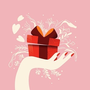 Hand holding a gift box with hearts coming out and decoration. Colorful hand drawn illustration for Happy Valentine’s day. Greeting card with foliage and decorative elements.
