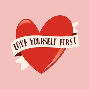 Heart shape with ribbon and message of love with hand lettering. Colorful hand drawn illustration for Happy Valentine’s day. Greeting card with decorative elements.