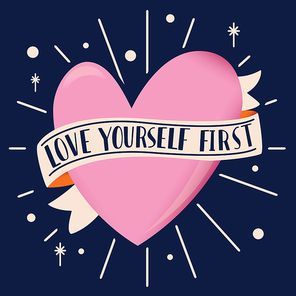 Heart shape with ribbon and message of love with hand lettering. Colorful hand drawn illustration for Happy Valentine’s day. Greeting card with decorative elements.