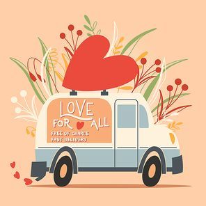 Love truck vehicle with a heart and love message. Colorful hand drawn illustration with handlettering for Happy Valentine’s day. Greeting card.