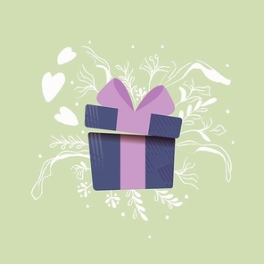 Gift box with hearts coming out and decoration. Colorful hand drawn illustration for Happy Valentine’s day. Greeting card with foliage and decorative elements.