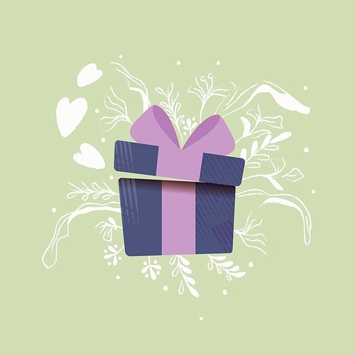 Gift box with hearts coming out and decoration. Colorful hand drawn illustration for Happy Valentine’s day. Greeting card with foliage and decorative elements.